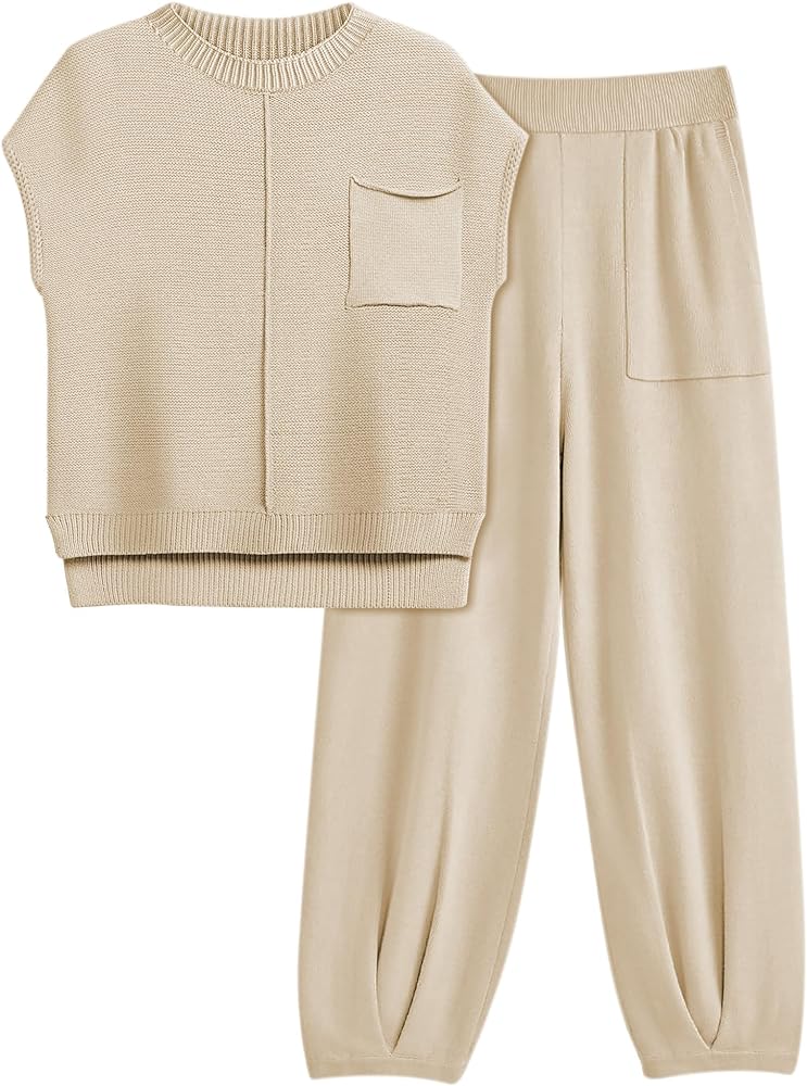 Womens Two Piece Outfits Sweater Sets Cozy Pullover Tops and High Waist Pants Trendy Knit Lounge Sets Matching Clothing