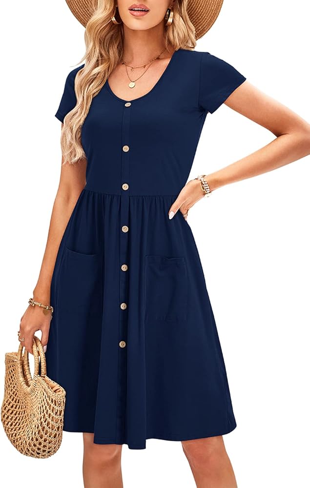 OUGES Women's V Neck Button Down Skater Dress with Pockets