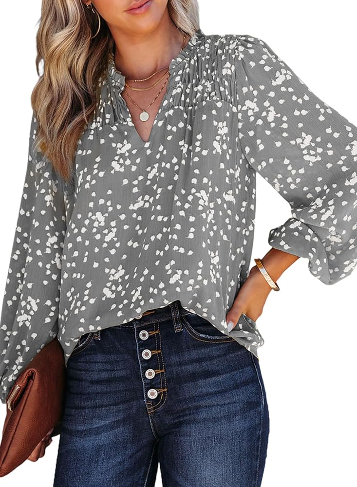 Dokotoo Women's Casual V Neck Alicia Floral Print Smocked Long Sleeve Chiffon Blouses Bohemian Top Shirts