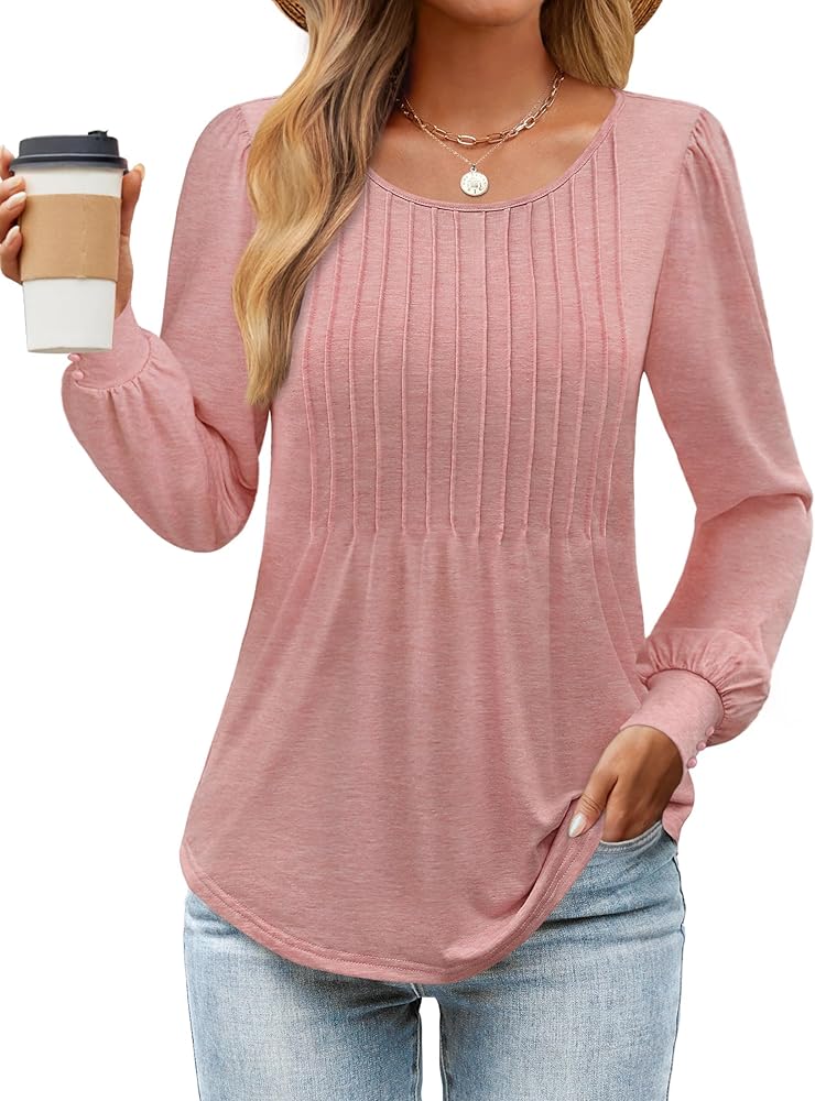 ZESICA Long Sleeve Shirts for Women Fall Tops Crew Neck Pleated Casual Tunic Blouses