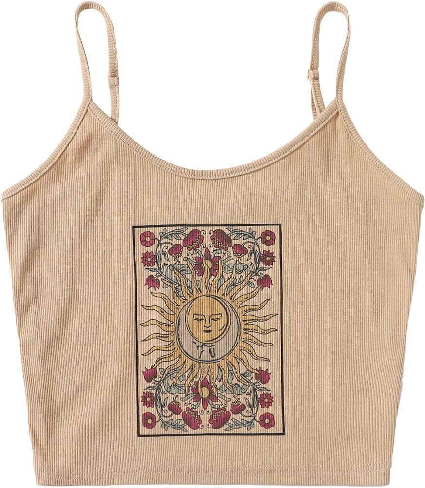 SOLY HUX Women's Spaghetti Strap Floral Sun Graphic Print Ribbed Knit Crop Cami Top