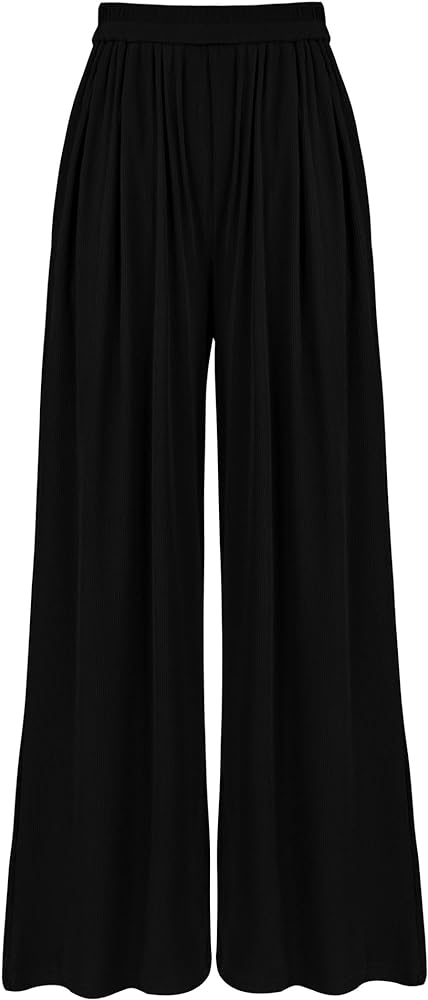 BTFBM Women's Casual Wide Leg Pants Summer Fall Clothes Pleated Elastic Waist Loose Palazzo Knit Trousers with Pockets