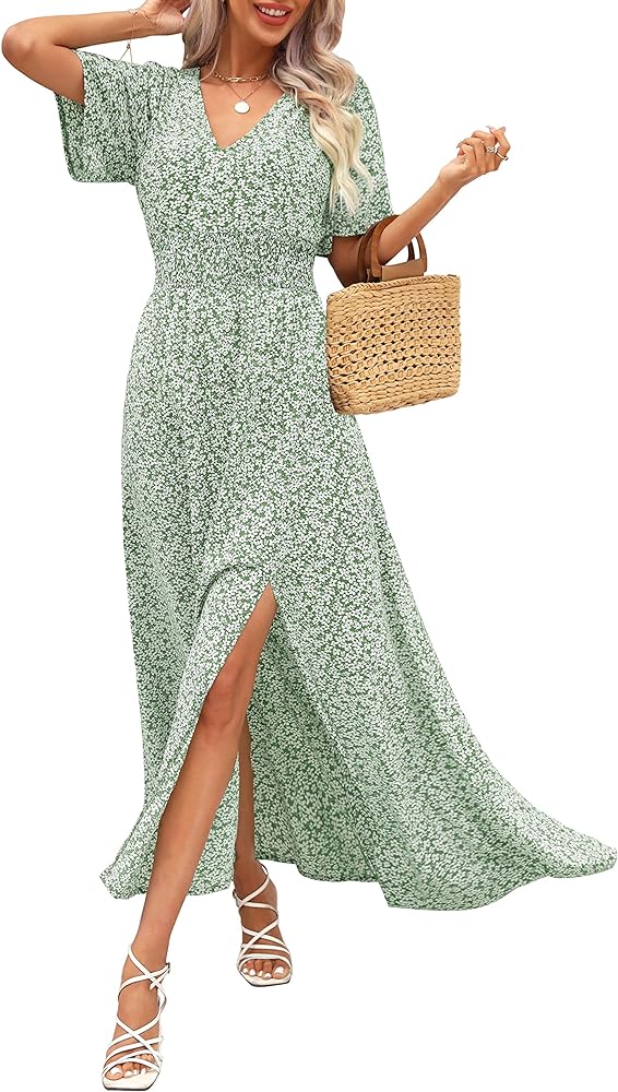 Kranda Women 2024 Summer Fall V Neck High Waist Short Sleeve Casual Long Boho Floral Swing Flowy Slit Beach Maxi Dress