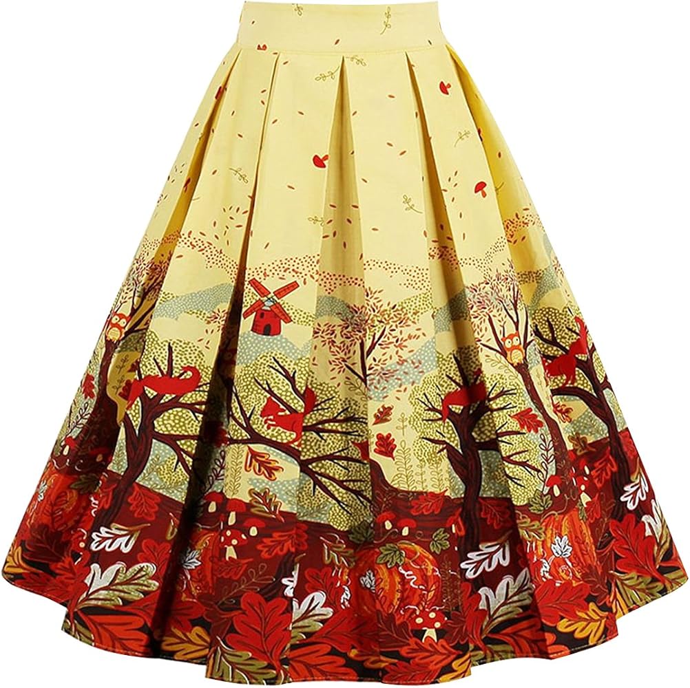 Girstunm Women's Pleated Vintage Skirt Floral Print A-line Midi Skirts with Pockets
