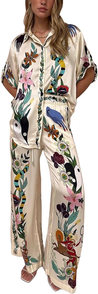 Womens Summer Print 2 Piece Linen Sets Boho Short Sleeve Button Shirt Wide Leg Pants Outfits Pajamas Lounge Sets