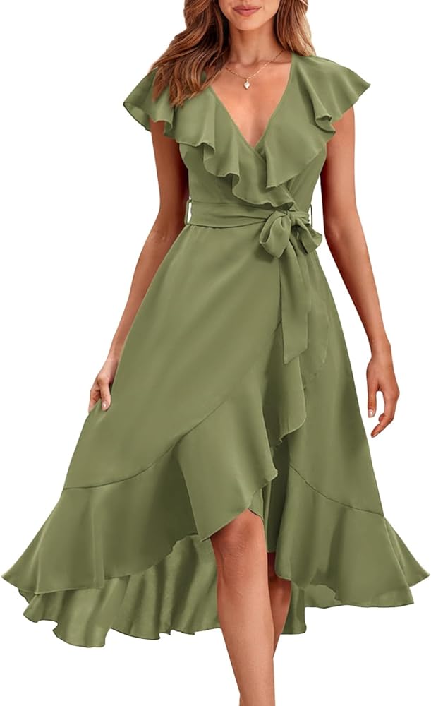 PRETTYGARDEN Women's 2024 Summer Wrap Midi Dress Casual Boho Deep V Neck Short Sleeve Ruffle Hem Split Beach Long Dresses
