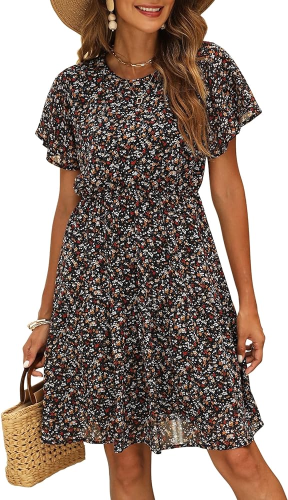 Manydress Women's Casual Summer Boho Dresses Chiffon Floral Print Ruffle Sleeve Flowy Skater Dress MY112