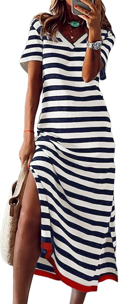 Dokotoo Summer Dress Casual Womens Fashion Short Sleeve Maxi Dress T Shirt Dress Striped Long Color Block Maxi Dress