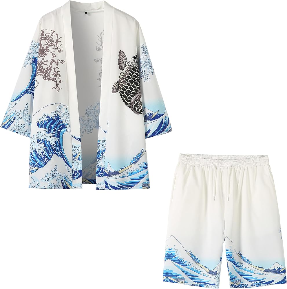 Mens Japanese Kimono Coat Suits Loose Open Front Seven Sleeve Kimono Cardigan Jacket with Shorts