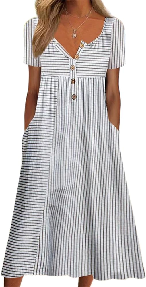 Women's Summer Boho Floral Maxi Dress Flowy Casual Button Beach Vacation Wedding Long Tshirt Dress with Pockets