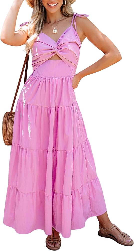 luvamia Long Flowy Dresses for Women Tiered Cut Out Midi Dress Self Tied Spaghetti Strap Summer Vacation Dinner Outfit