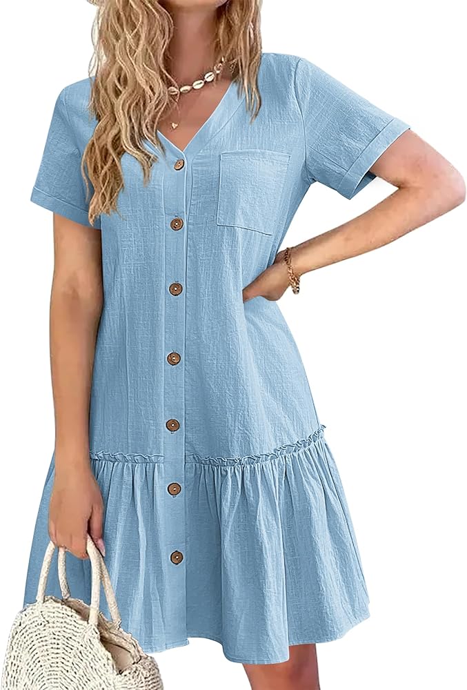 HOTOUCH Women Button Down Dress Loose Summer Cotton Linen Dress Ruffle Hem Casual Dress Short Sleeve Tunic Dress